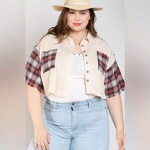 POL Short Sleeves Plaid Patchwork Button-Up Cropped Shirt Top